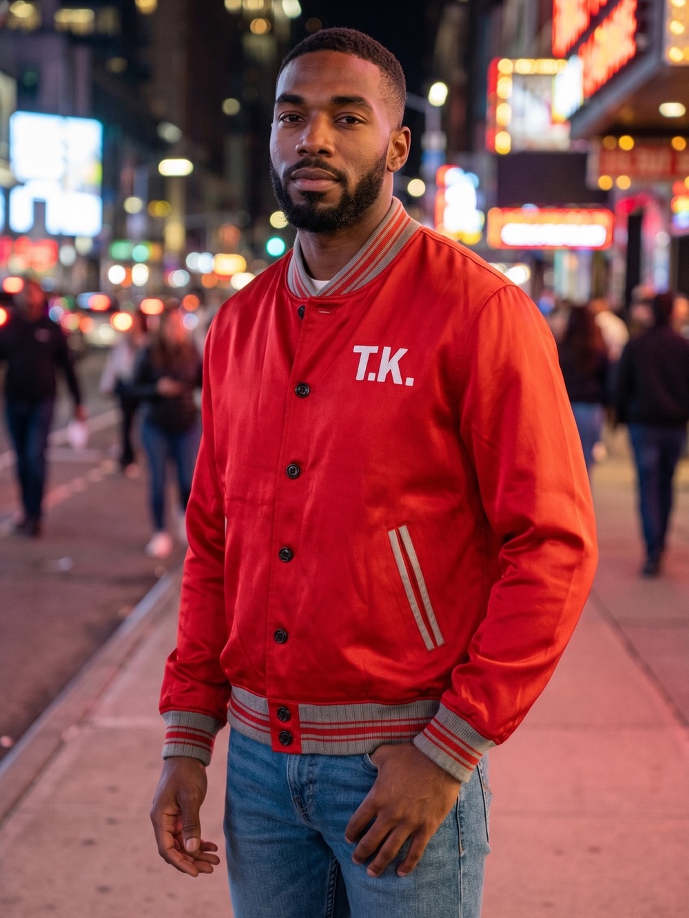 The Kooples Red Varsity Bomber Jacket with T.K. Patch